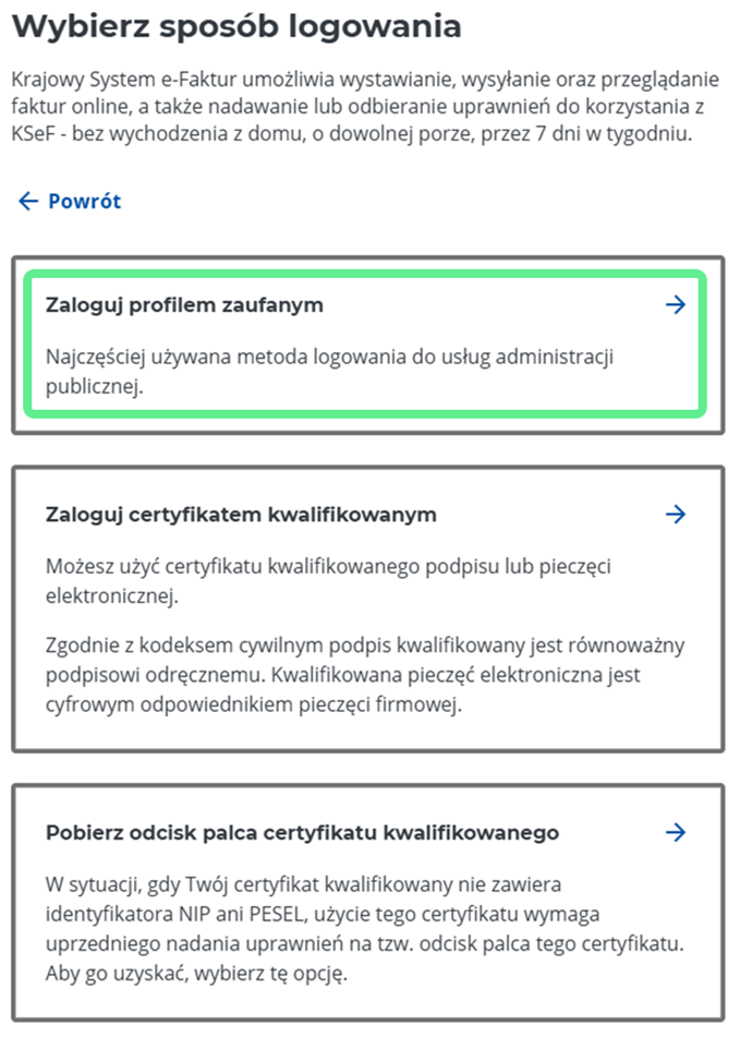 KSeF - Wybór sposobu logowania